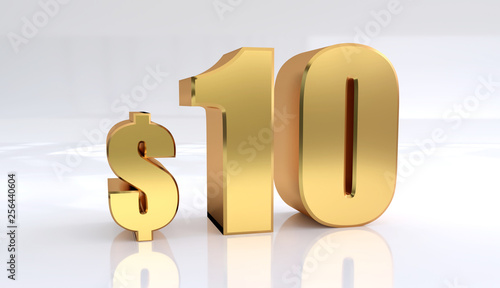10 dollar price symbol. red text number 3d render with dollar sign on white background - Illustration