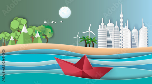 Summer beach palm trees on the beach with boat sailing in the sea.Paper art style.