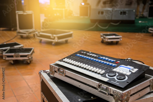 The audio equipment, control panel of digital studio mixer and stage set equipment. 