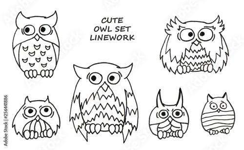 Cute owl set - linework. Illustration for kids. Print, postcars, web design, coloring book or other. photo