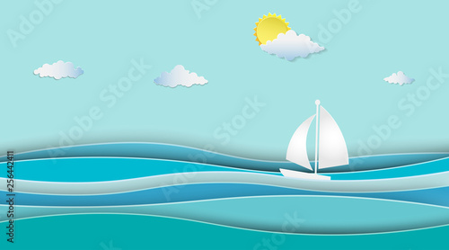 Sailboats on the ocean landscape with sea view on clear blue sky,Summer concept.Paper art style.