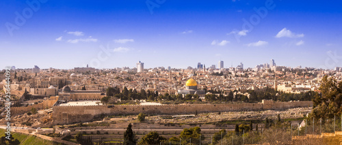 Jerusalem‘s old city with town wall and Aqsa Mosque, view from Mount Of Olives, Israel, Middle East