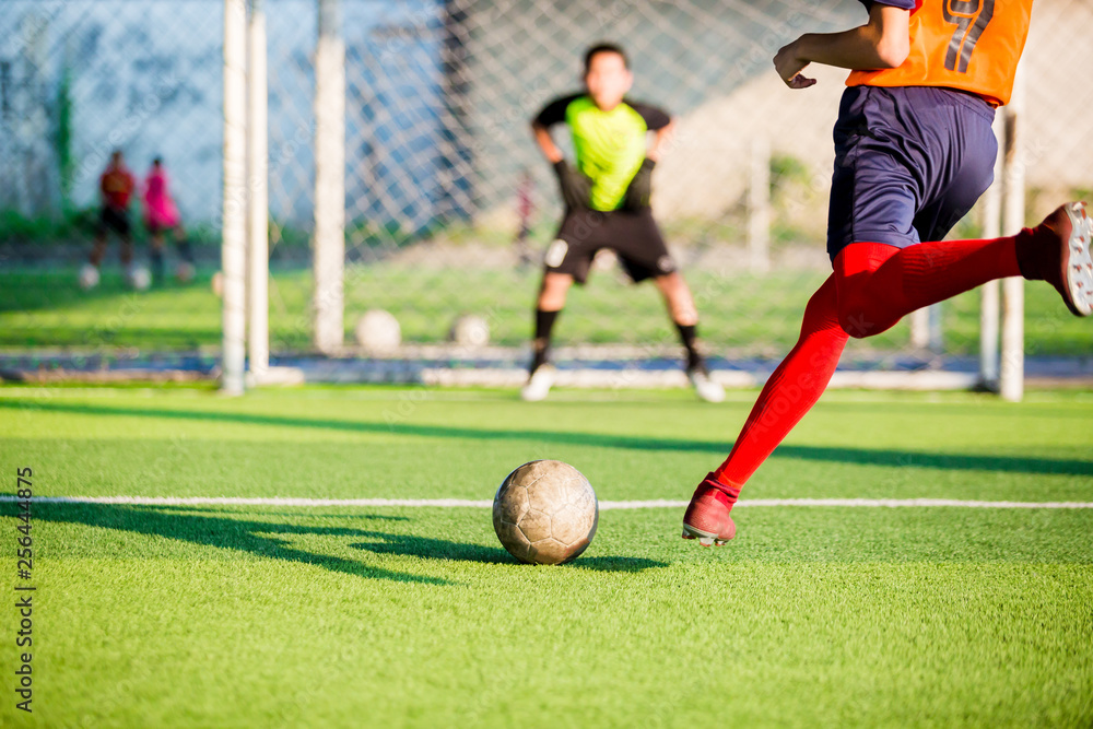 Obraz premium soccer player run to shoot ball at penalty kick to goal with blurry goalkeeper background, concept of making goals and protection
