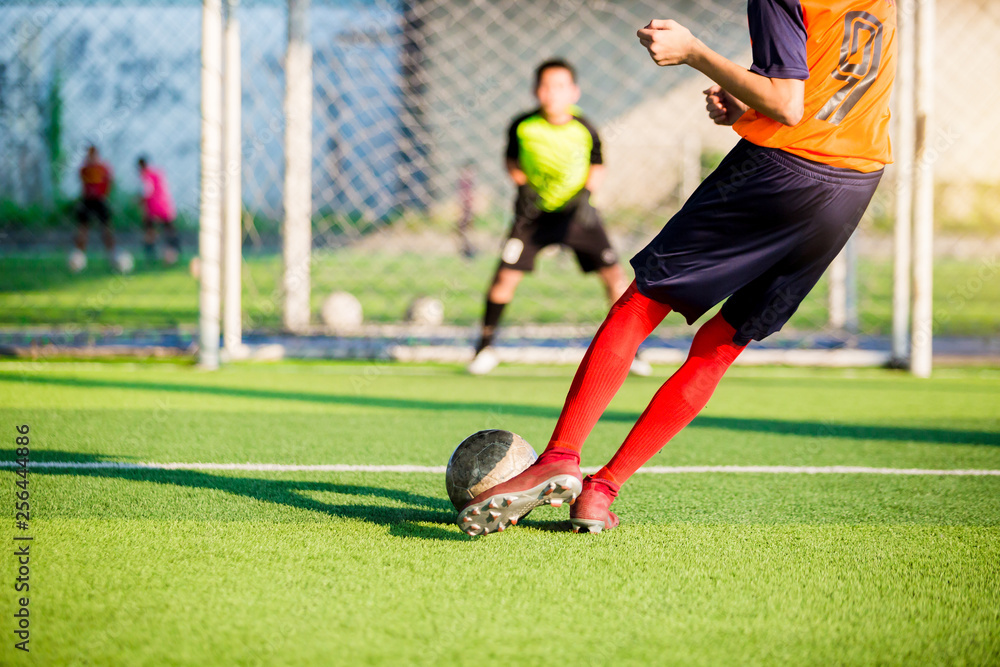 Obraz premium soccer player run to shoot ball at penalty kick to goal with blurry goalkeeper background, concept of making goals and protection