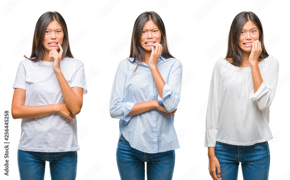 Collage of asian young woman standing over white isolated background looking stressed and nervous with hands on mouth biting nails. Anxiety problem. Collage of asian young woman standing over white isolated background looking stressed and nervous with hands on mouth biting nails. Anxiety problem.