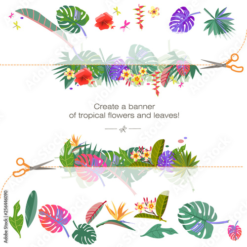 Tropical flowers and leaves. Exotic leaf of monster. Caribbean colors pattern