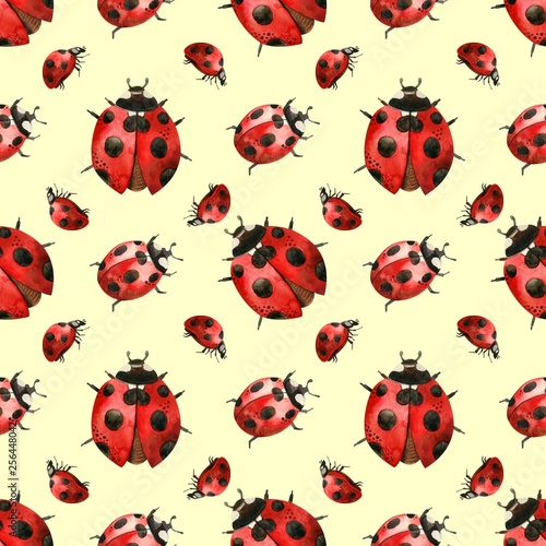 Watercolor pattern cute red ladybug, insects in watercolor technique is perfect for printing fabrics, Wallpaper, paper, etc-Illustration