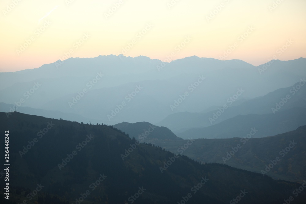 Fototapeta premium Green mountains in the fog. Seamless background. savsat/artvin/turkey