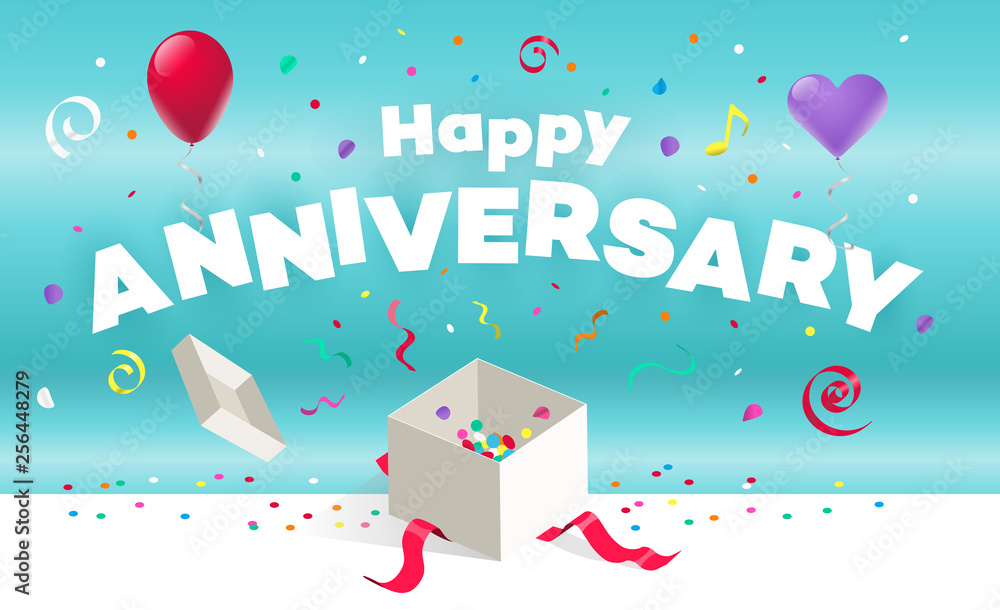 Happy anniversary party card template with colorful balloons, open gift and ribbons. Vector illustration with transparent shadows.