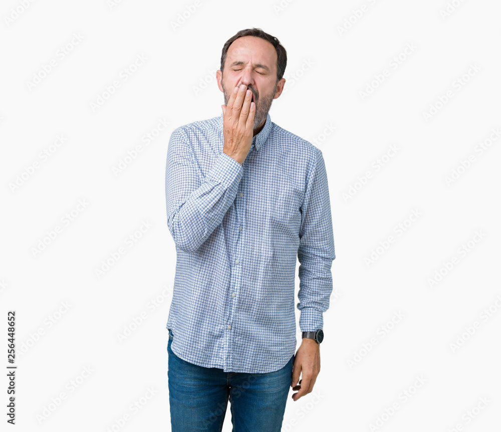 Handsome middle age elegant senior man over isolated background bored yawning tired covering mouth with hand. Restless and sleepiness. Handsome middle age elegant senior man over isolated background bored yawning tired covering mouth with hand. Restless and sleepiness.