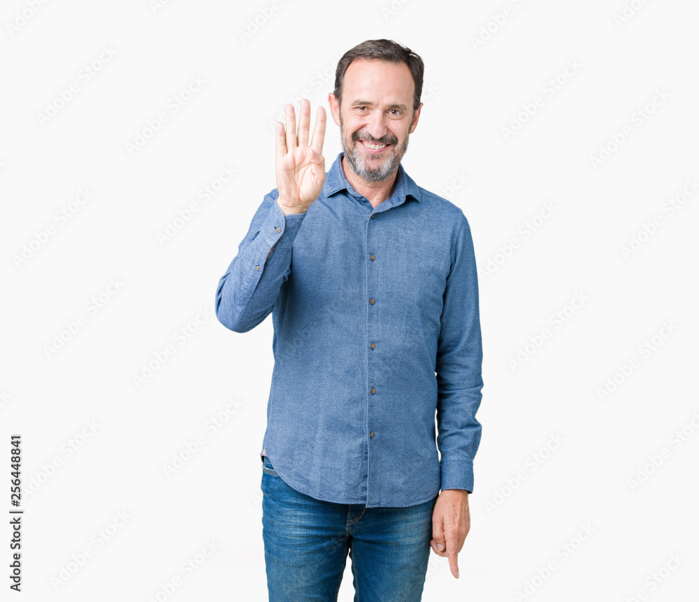 Handsome middle age elegant senior man over isolated background showing and pointing up with fingers number four while smiling confident and happy. Handsome middle age elegant senior man over isolated background showing and pointing up with fingers number four while smiling confident and happy.