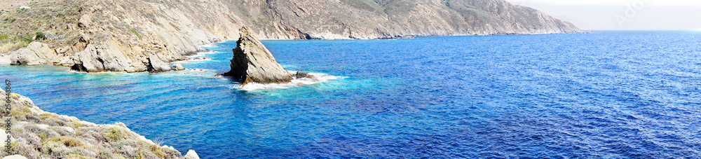 Panoramic image of sea,summer,Rocky coastline of marine blue meditteranean sea