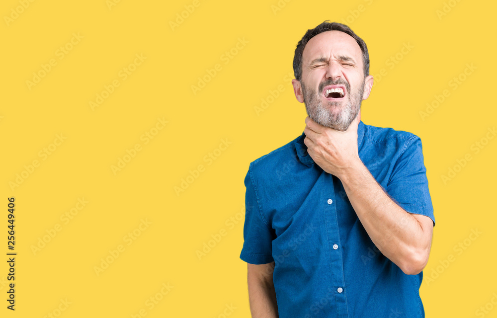 Handsome middle age elegant senior man over isolated background Touching painful neck, sore throat for flu, clod and infection Handsome middle age elegant senior man over isolated background Touching painful neck, sore throat for flu, clod and infection