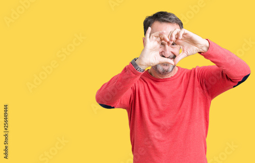 Handsome middle age hoary senior man wearing winter sweater over isolated background Doing heart shape with hand and fingers smiling looking through sign