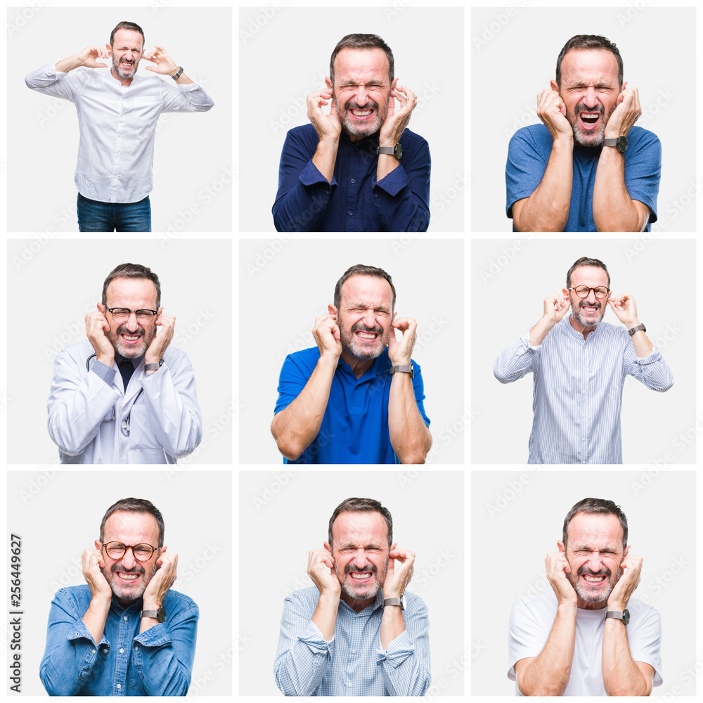 Collage of senior hoary elegant man over white isolated background covering ears with fingers with annoyed expression for the noise of loud music. Deaf concept.
