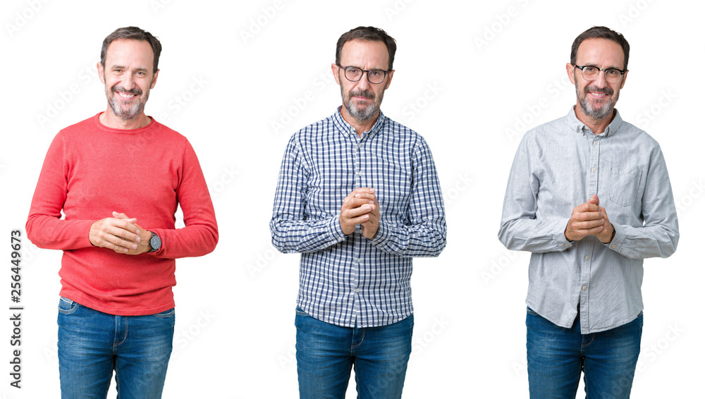 Collage of handsome senior man over white isolated background Hands together and fingers crossed smiling relaxed and cheerful. Success and optimistic Collage of handsome senior man over white isolated background Hands together and fingers crossed smiling relaxed and cheerful. Success and optimistic