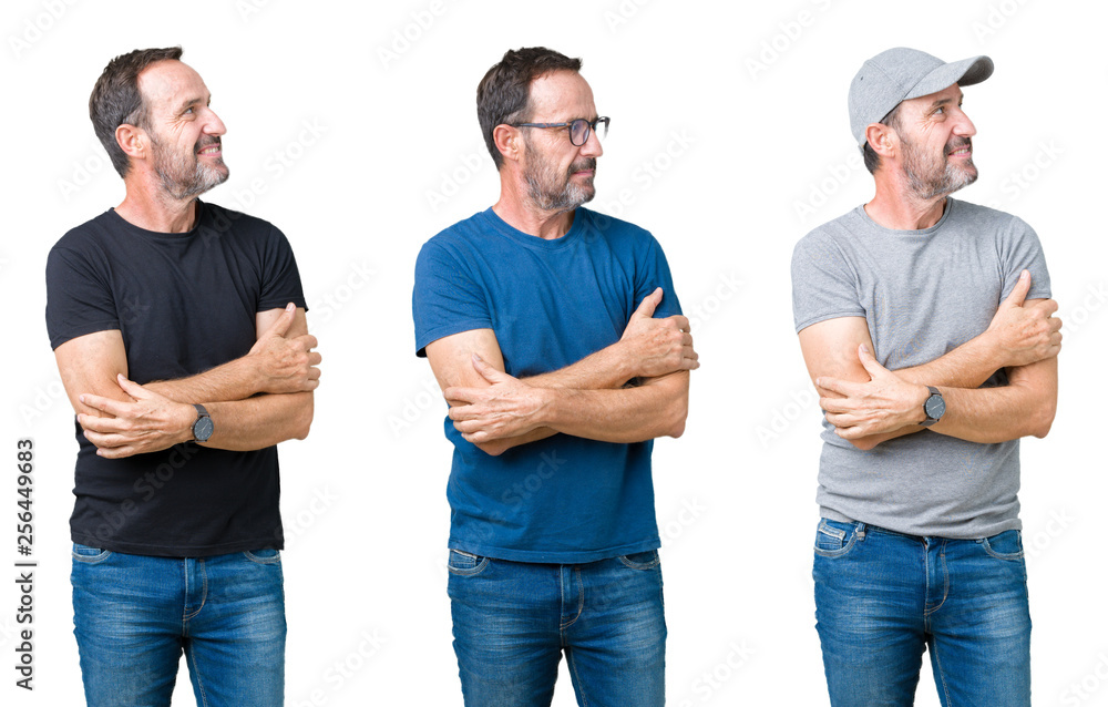 Collage of handsome senior man over white isolated background smiling looking to the side with arms crossed convinced and confident Collage of handsome senior man over white isolated background smiling looking to the side with arms crossed convinced and confident