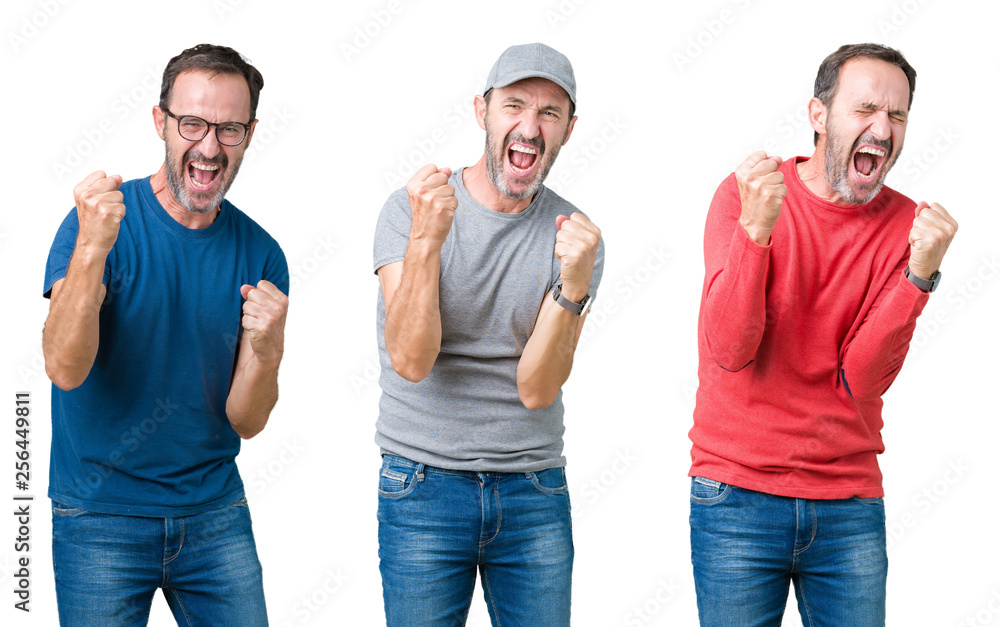 Collage of handsome senior man over white isolated background very happy and excited doing winner gesture with arms raised, smiling and screaming for success. Celebration concept. Collage of handsome senior man over white isolated background very happy and excited doing winner gesture with arms raised, smiling and screaming for success. Celebration concept.