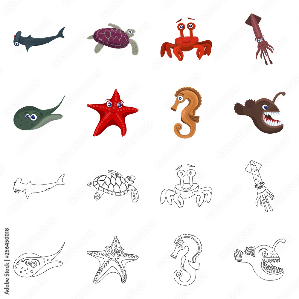 Vector illustration of sea and animal sign. Set of sea and marine stock symbol for web.