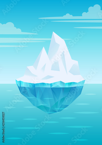 Iceberg floating on water waves with underwater part, bright blue sky with clouds, freshwater ice, glacier or ice shelf piece, vector