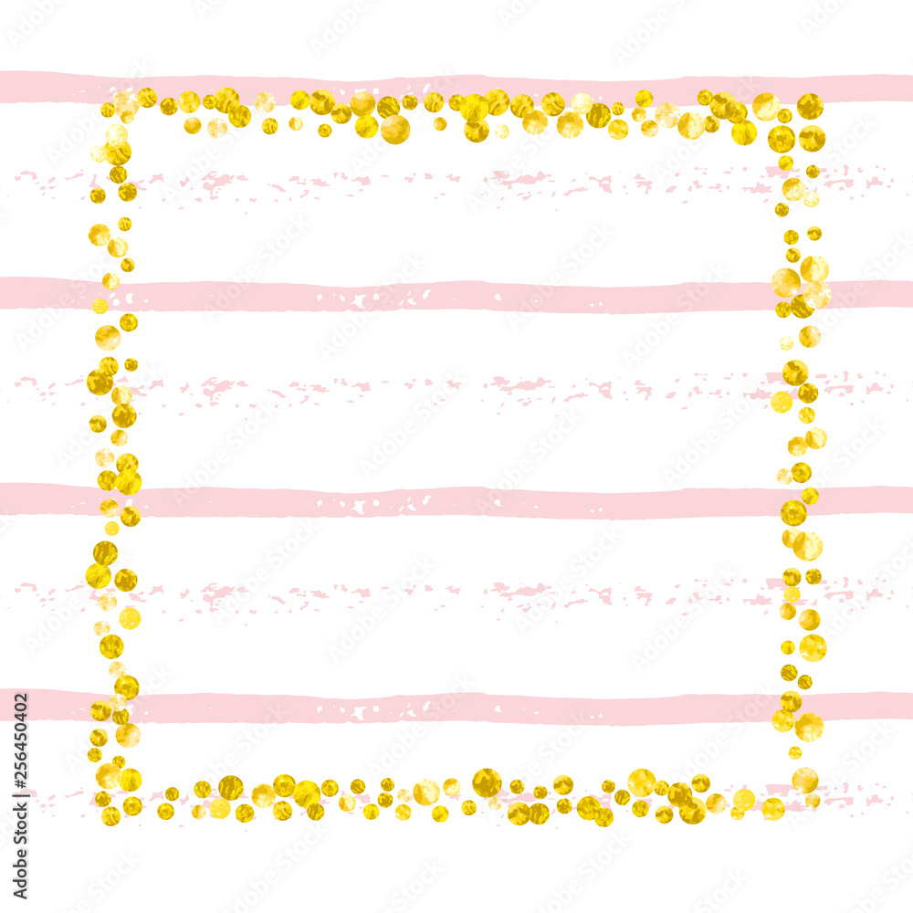 Wedding glitter confetti with dots on pink stripes. Shiny falling sequins with shimmer and sparkles. Design with gold wedding glitter for party invitation, banner, greeting card, bridal shower. Wedding glitter confetti with dots on pink stripes. Shiny falling sequins with shimmer and sparkles. Design with gold wedding glitter for party invitation, banner, greeting card, bridal shower.