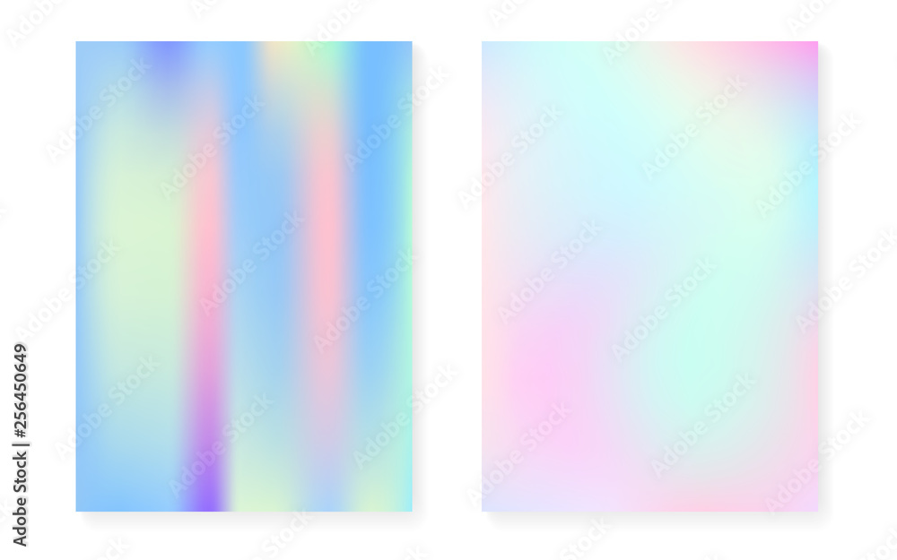 Holographic cover set with hologram gradient background. 90s, 80s retro style. Iridescent graphic template for flyer, poster, banner, mobile app. Neon minimal holographic cover.