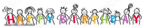 HAPPY BIRTHDAY stick figures in a row holding colorful letters