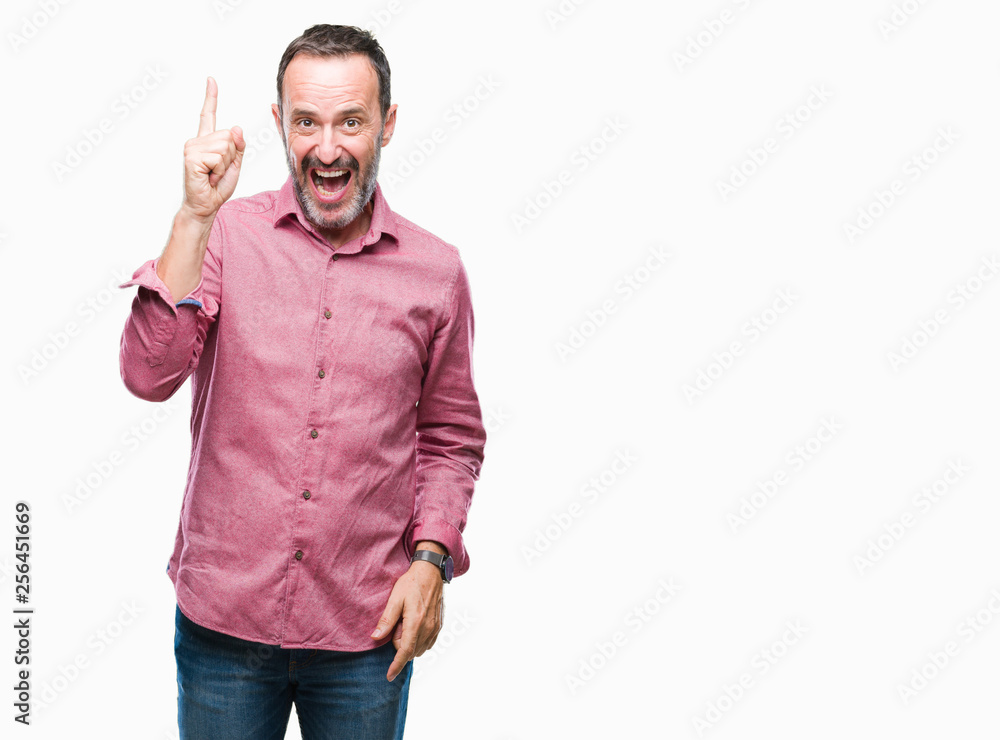 Middle age hoary senior man over isolated background pointing finger up with successful idea. Exited and happy. Number one. Middle age hoary senior man over isolated background pointing finger up with successful idea. Exited and happy. Number one.