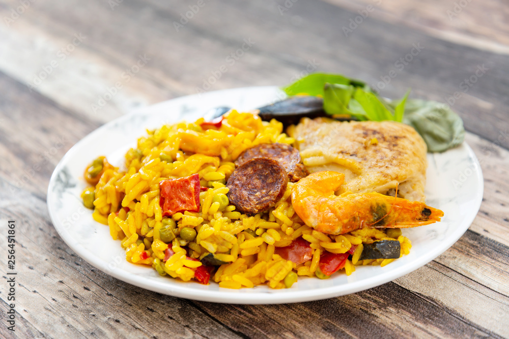 Prawn with rice - closeup of prawn with rice - traditionnal spanish food paella Prawn with rice - closeup of prawn with rice - traditionnal spanish food paella