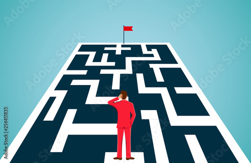 Businessman are standing looking at the target with obstacles as maze holes blocking the path. going towards business success goal. leadership. creative idea.  illustration cartoon vector