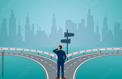Businessmen standing on the road the crossroad. Concept of important choices of a business. Decide direction. Human standing choice of ways. illustration cartoon vector