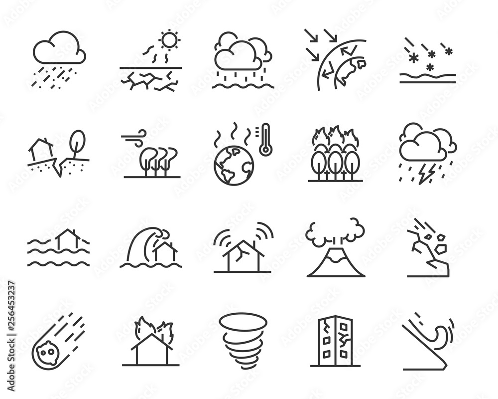 Fototapeta premium set of natural disaster icons, such as flood, wave, weather, eruption, storm, hot