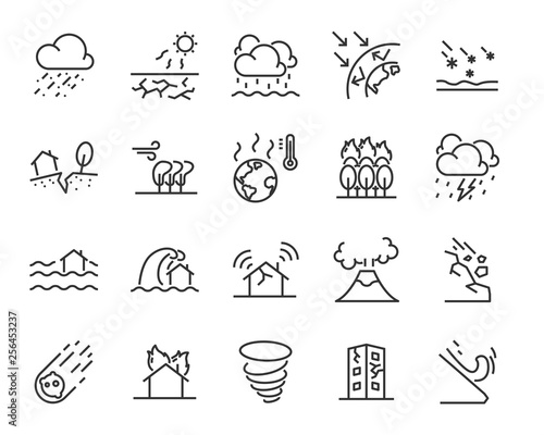 set of natural disaster icons, such as flood, wave, weather, eruption, storm, hot photo