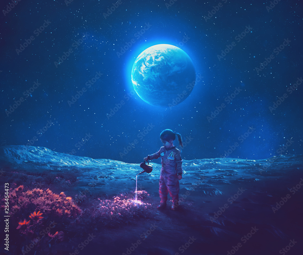 Obraz premium Dziewczyny dolewania woda na księżyc kwiatach