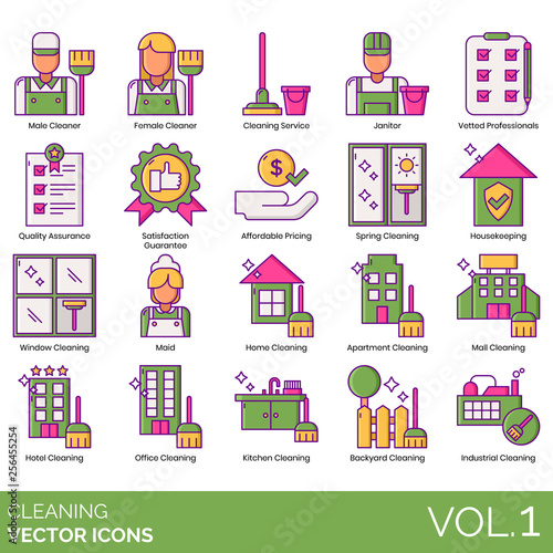Cleaning icons including male, female cleaner, service, janitor, vetted professional, quality assurance, satisfaction guarantee, affordable pricing, spring, housekeeping, window, maid, home, apartment