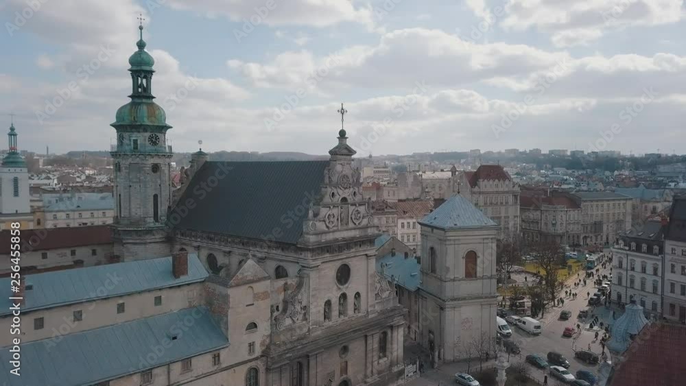 Aerial City Lviv, Ukraine. European City. Popular areas of the city. Church Aerial City Lviv, Ukraine. European City. Popular areas of the city. Church