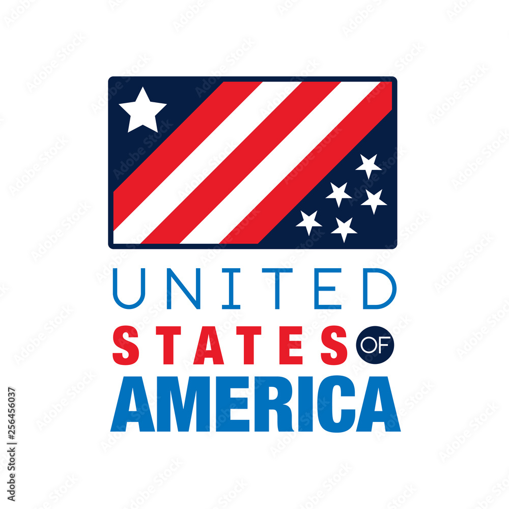 USA logo template with national flag. United States of America. Simple icon with stripes and stars. Original flat vector design for placard, print or poster