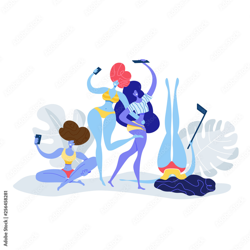 Blue girls pose, smiling and taking selfie for social media, using selfie stick or holding camera in hand. Friendship Day gadget party vector illustration