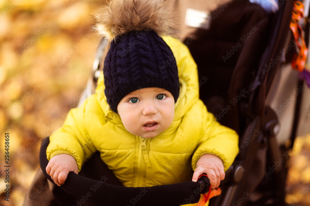 Baby boy in a hat and jacket in the fall in park Baby boy in a hat and jacket in the fall in park