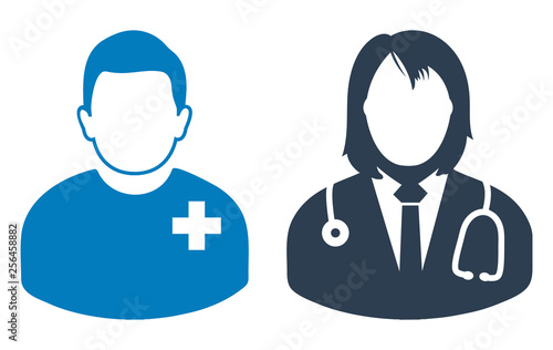 Male patient and Female Doctor icon. Flat style vector EPS.