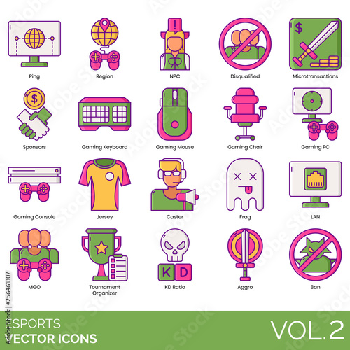 Esports icons including ping, region, NPC, disqualified, microtransactions, sponsors, gaming keyboard, mouse, chair, PC, console, jersey, caster, frag, LAN, MGO, tournament organizer, KD ratio, aggro.