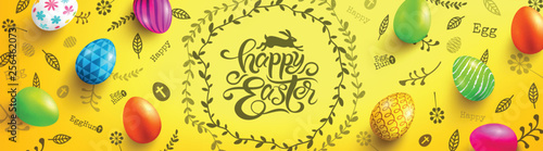 Happy Easter Day Poster with colorful Painted Easter Eggs and hand drawn elements.Handwriting inscription Happy Easter on yellow.Promotion and shopping template for Easter Day.Vector EPS10