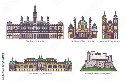 Set of isolated Austria landmarks in color.