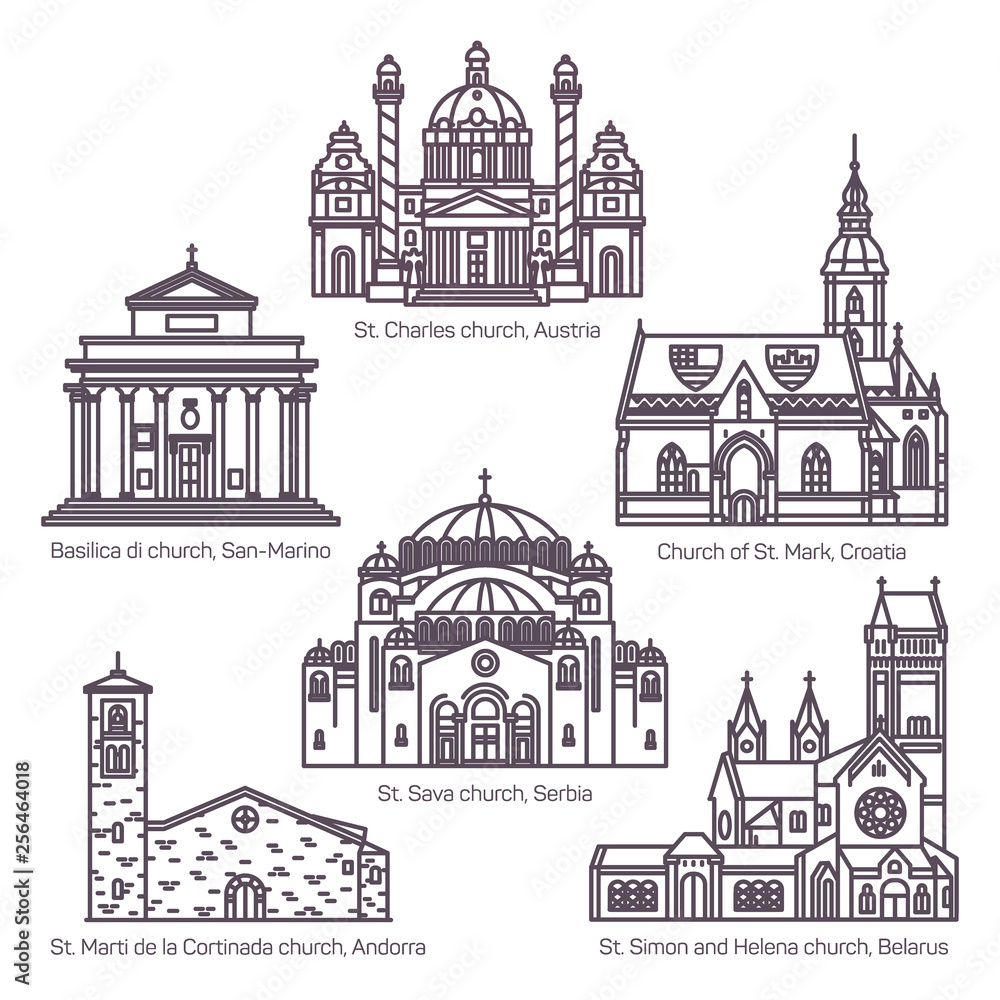 Set of isolated religion churches in thin line