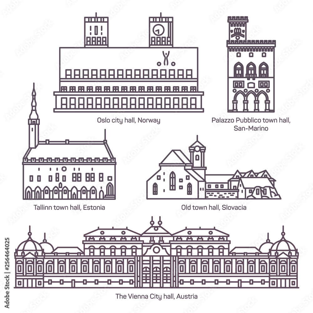 Set of isolated town and city hall architecture