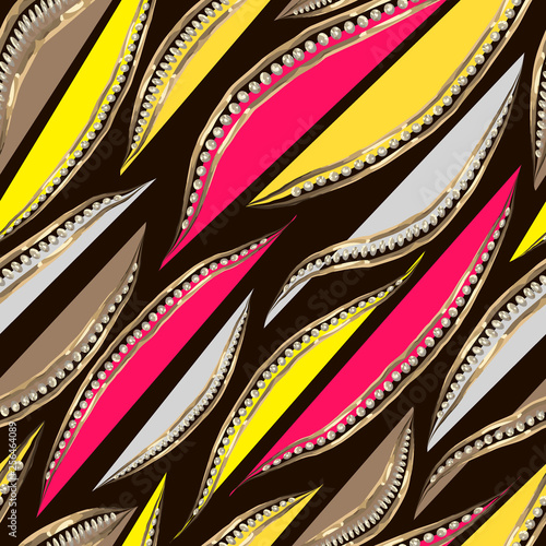 Jewelry vector seamless pattern. Abstract gray, yellow and crimson petals with gold frame with diamonds. Luxury background. Template for trendy textile, wallpaper, print, web, carton, banner.