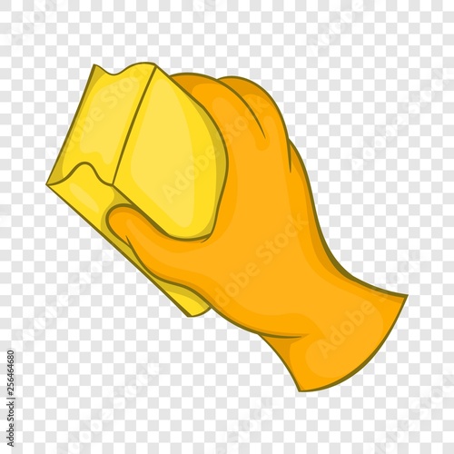 Hand in orange glove with rag icon in cartoon style on a background for any web design 