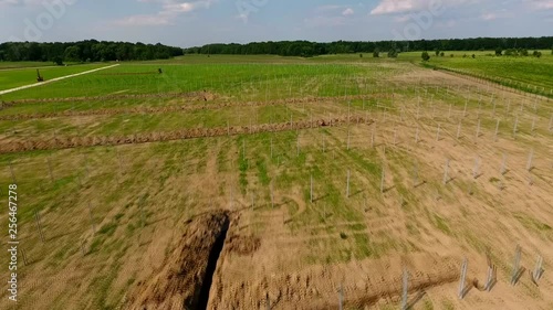 Aerial view of installing solar field pillars construction project. in country.
