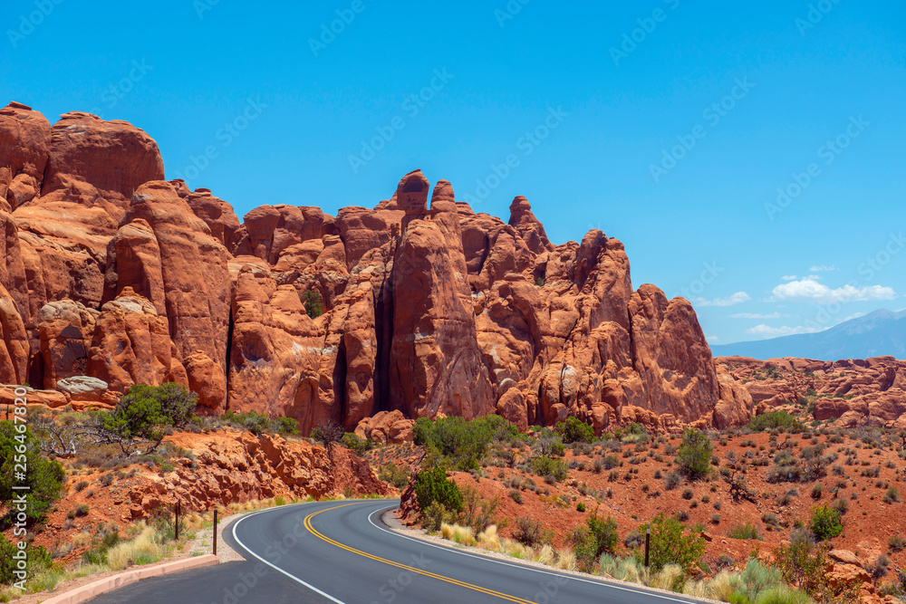 Mesa and Butte landscape near south of Sand Dune Arch in Arches National Park, Moab, Utah, USA.