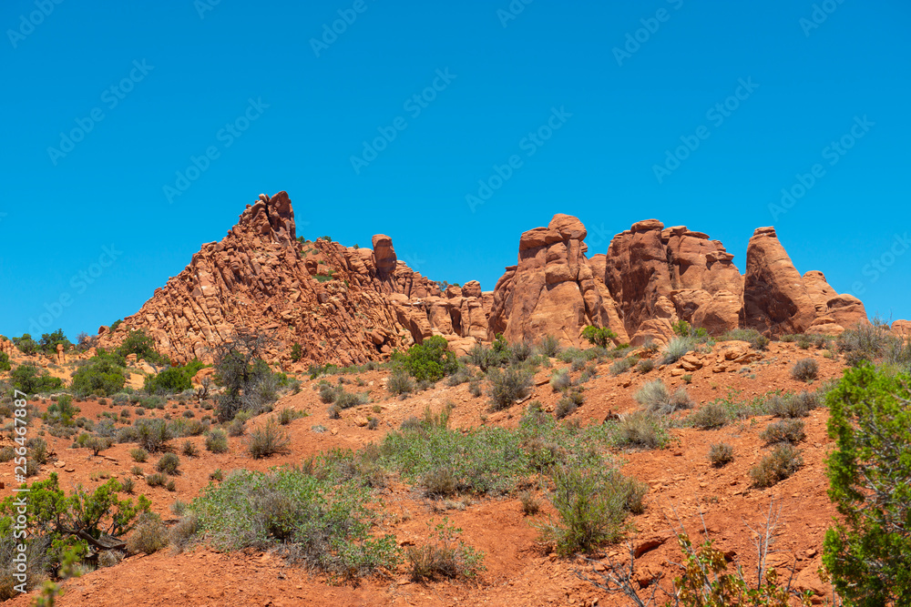 Mesa and Butte landscape at Sand Dune Arch in Arches National Park, Moab, Utah, USA.